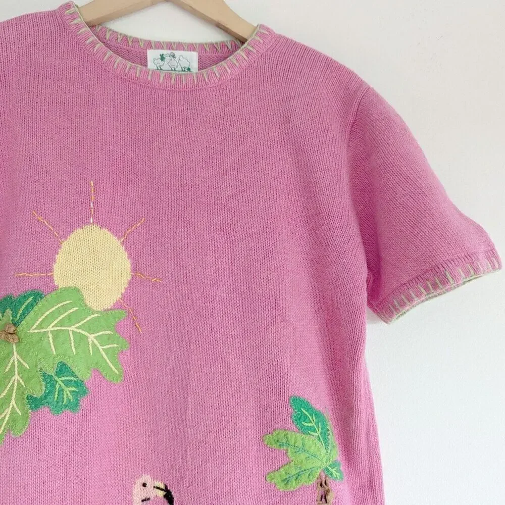 Quacker Factory Flamingo Tropical Novelty Embroidered Knit Top Pink Blue Small S